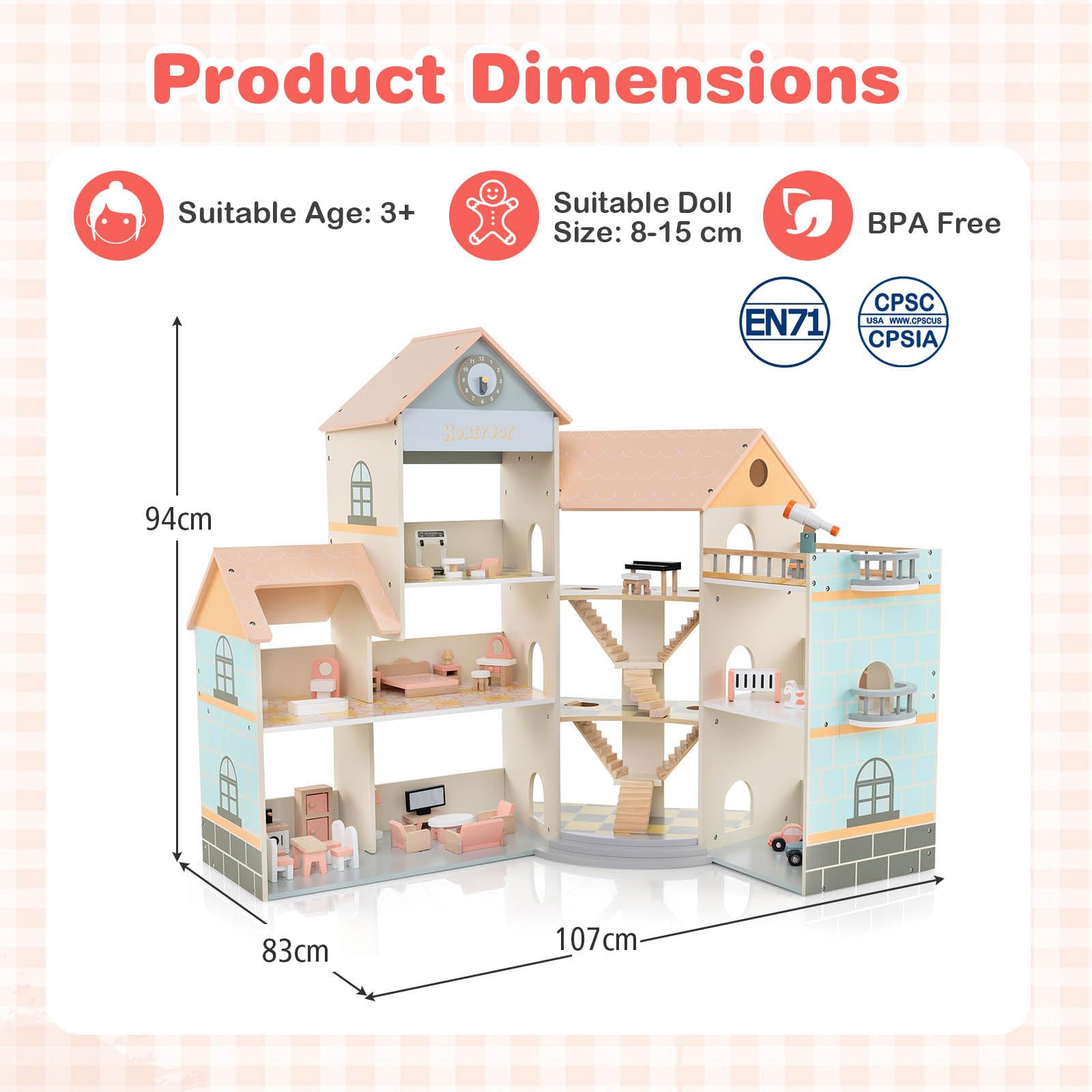 Wooden Corner Dollhouse Playset with 34 Pieces of Furniture and Accessories