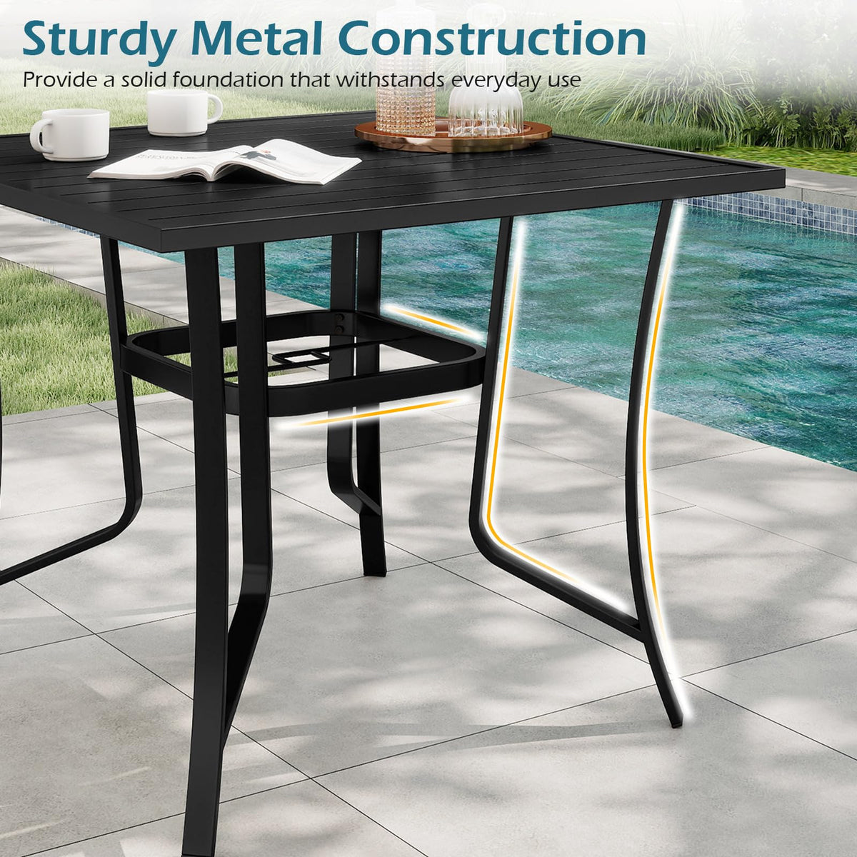 Square Patio Table for 4 , 91 cm Square Metal Slat Table with 4-6 cm Adjustable Umbrella Hole