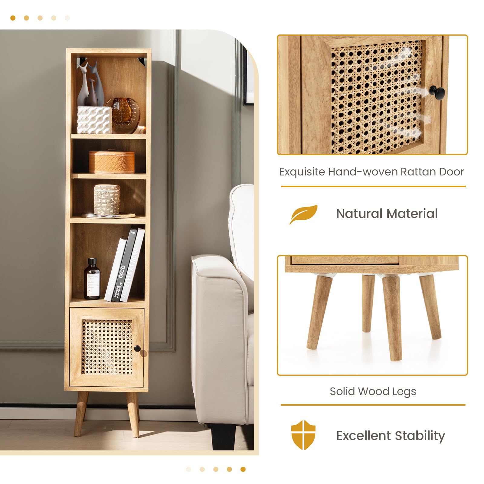 Natural Rattan Storage Cabinet Freestanding Cabinet 137cm Bookcase Display Rack