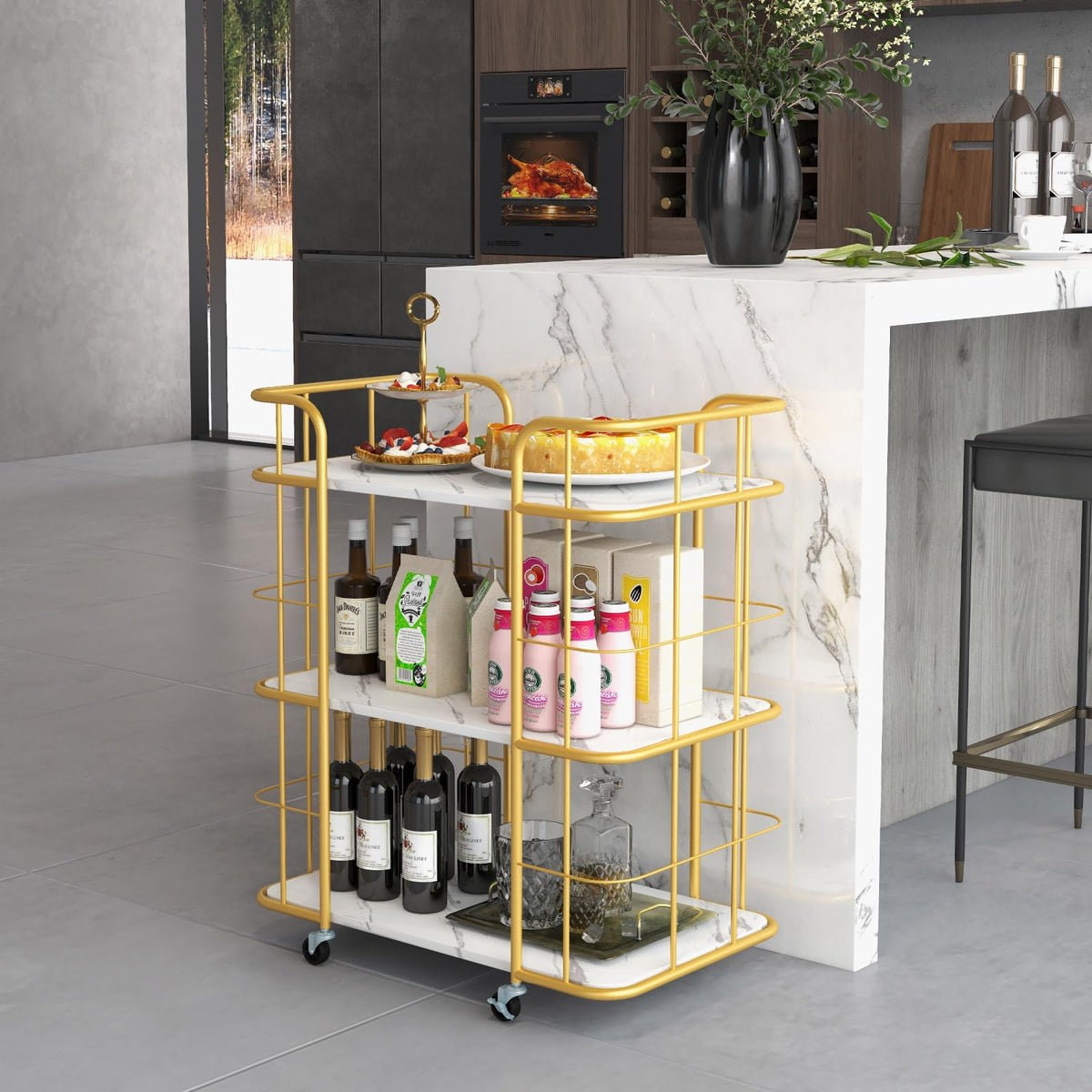 Gold Bar Cart, Home Island Service Cart, 3 Tier Storage Shelves with Guardrail, Imitation Marble Top