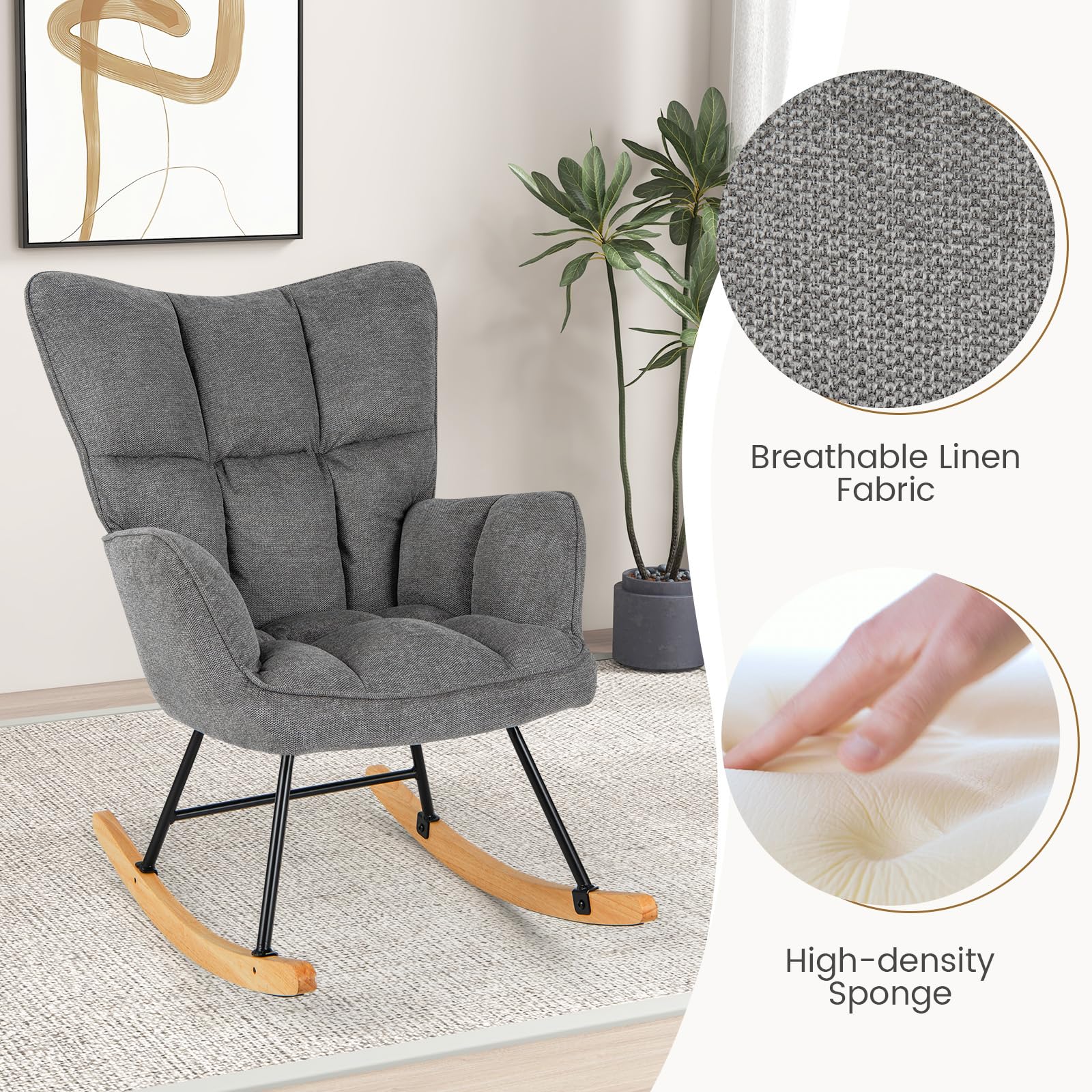 Giantex Linen Rocking Chair, Modern Accent Chair with Backrest, Padded Armrests & Seat