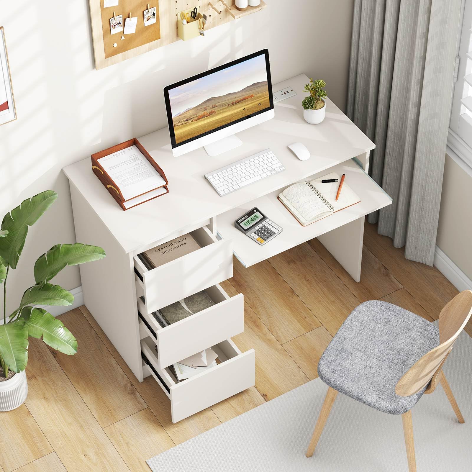 Computer Desk w/ Power Outlet Ketboard Tray & Drawers Workstation Home Office