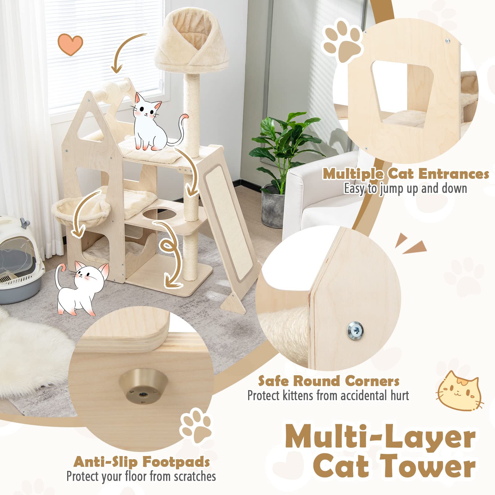 Multi-Level Cat Tree, Cat Tower with Sisal Scratching Post, Ball & Board