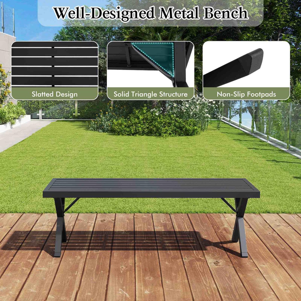 Patio Metal Bench, Heavy-Duty 2-Person Bench w/Slatted Seat & X Legs