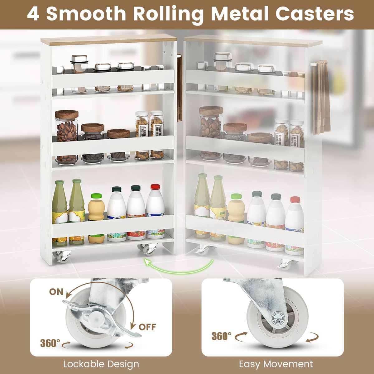 Slim Storage Cart w/Handle, 4-Tier Slide Out Utility Cart, Shelving Unit Organizer Trolley for Narrow Places