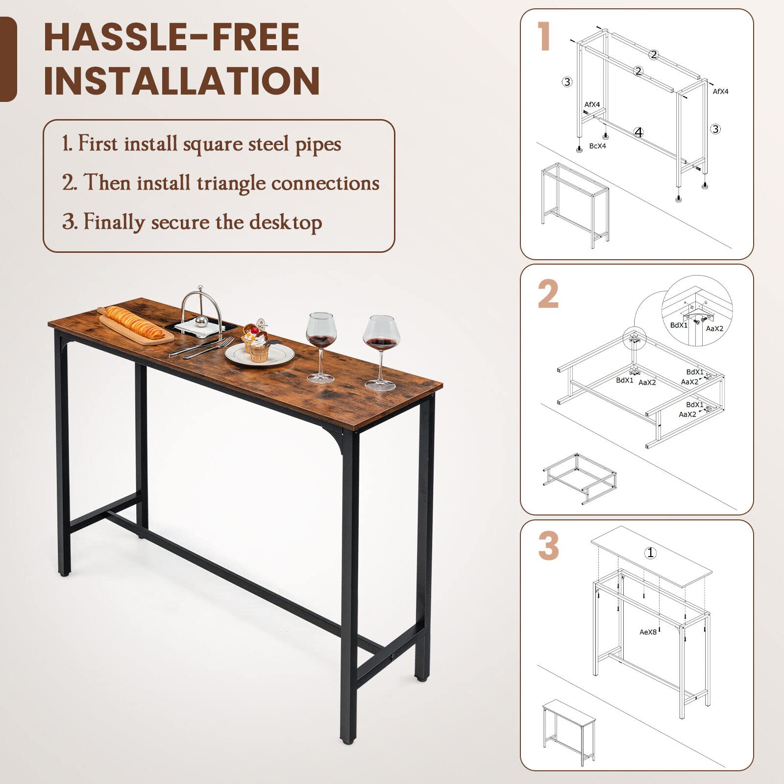 Giantex Bar Table with Footrest, Counter Height Table, Industrial Pub Table for Small Space , Rustic Brown