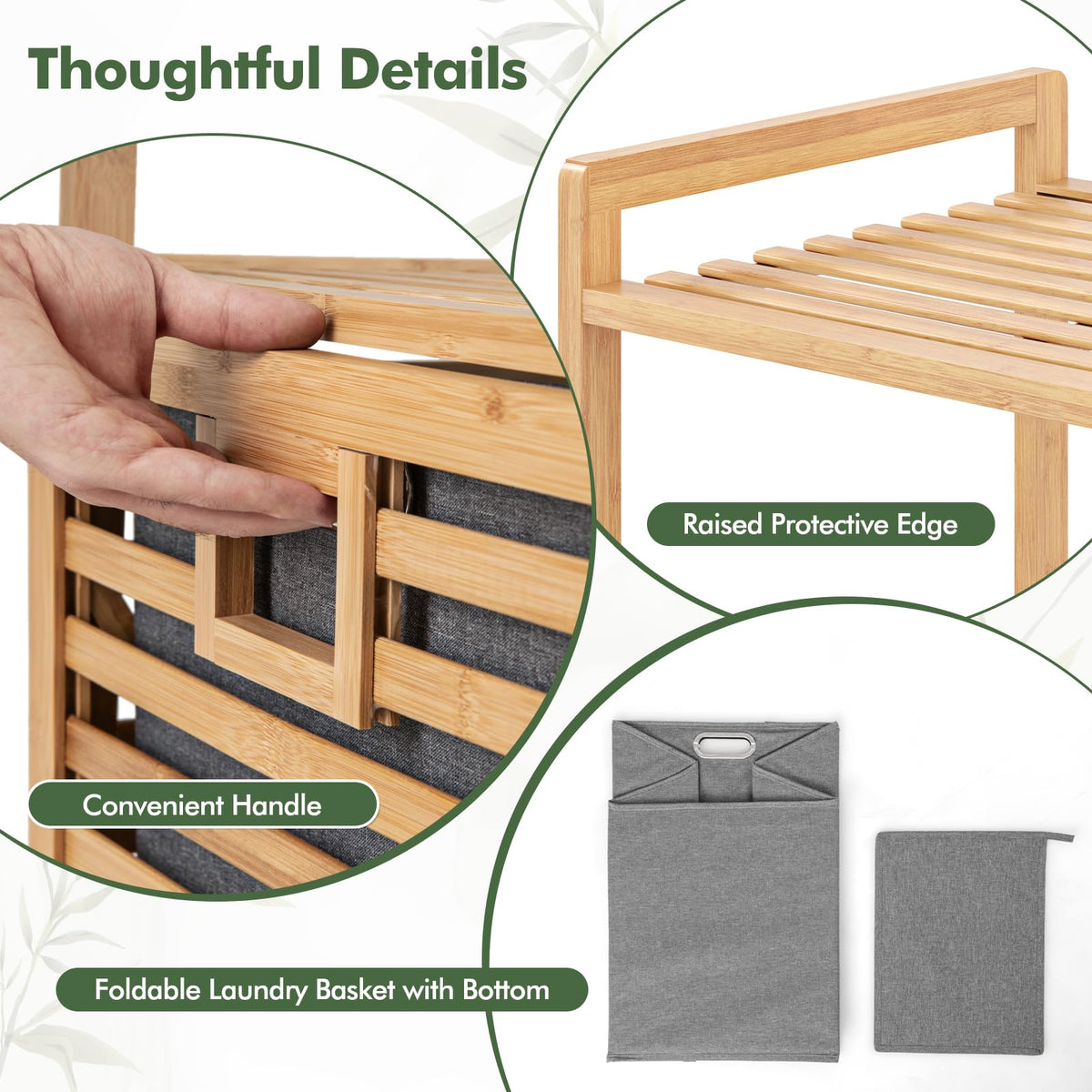 Bathroom Shelf w/Laundry Basket, Bathroom Shelf Made of Bamboo, Bathroom Cabinet w/ 2 Shelves for Bathroom Accessories