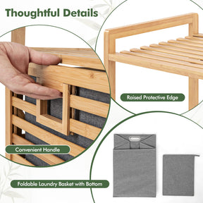 Bathroom Shelf w/Laundry Basket, Bathroom Shelf Made of Bamboo, Bathroom Cabinet w/ 2 Shelves for Bathroom Accessories