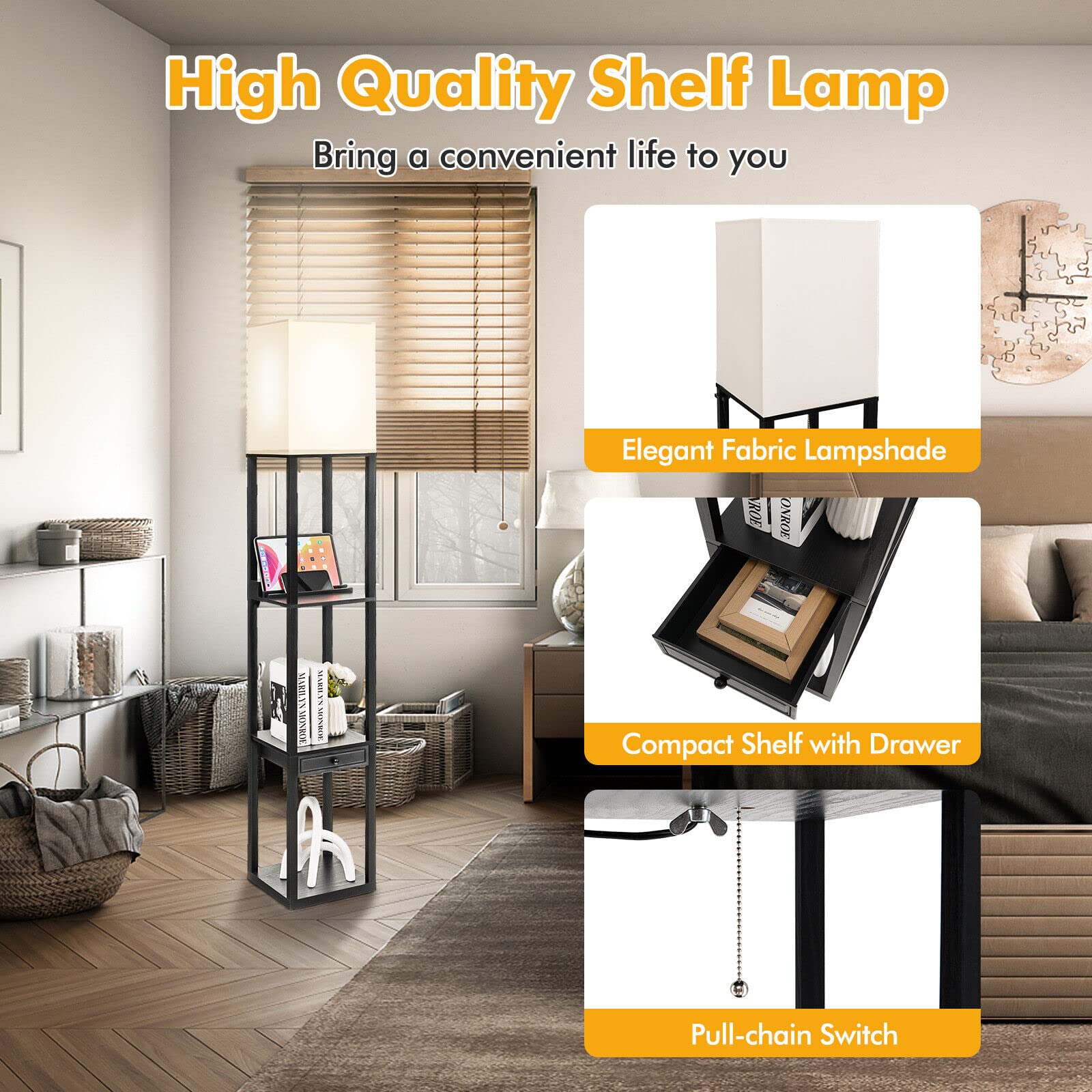 Modern Shelf Floor Lamp, Dimmable Standing Lamp Shelf w/ 1 Drawer & 1 USB Port