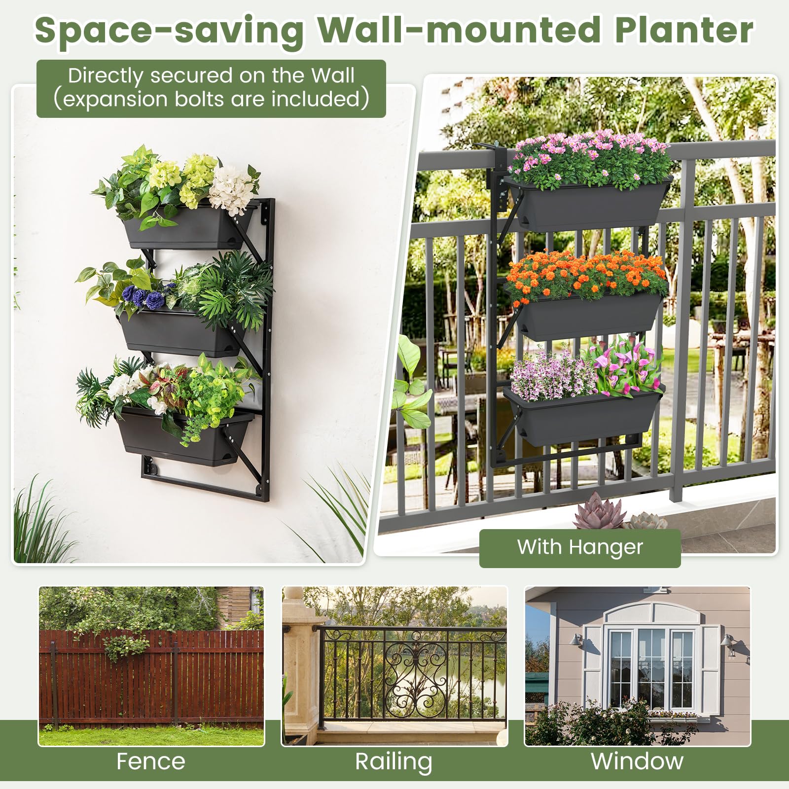 Hanging Vertical Planter, Self-Watering Wall-Mounted Adjustable Railing Planter with 3 Planter Boxes & Detachable Hooks for Flowers