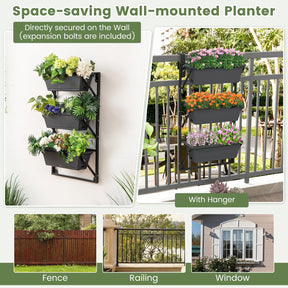 Hanging Vertical Planter, Self-Watering Wall-Mounted Adjustable Railing Planter with 3 Planter Boxes & Detachable Hooks for Flowers