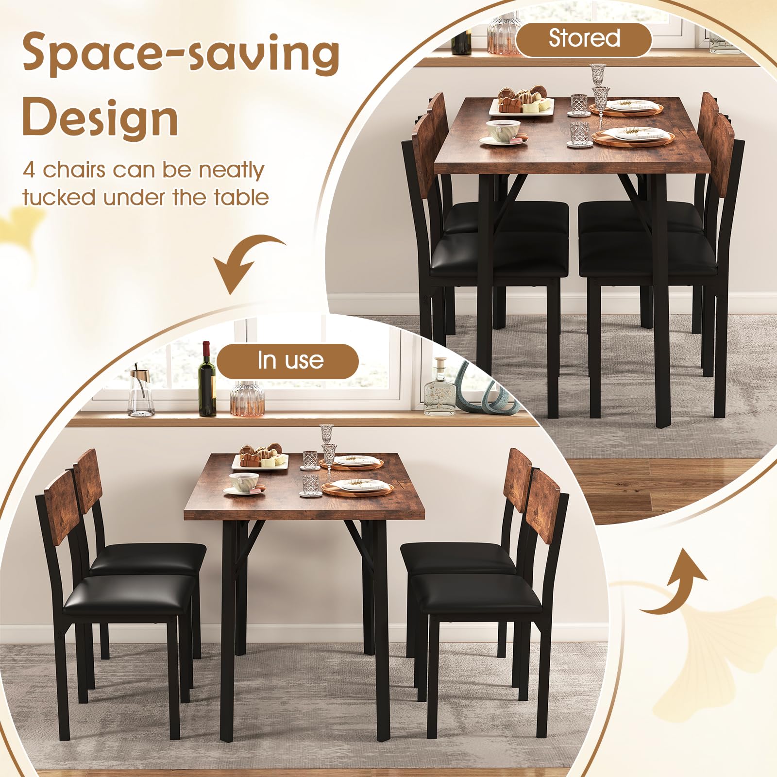 5-Piece Dining Table Set Industrial Kitchen Table and 4 PU Leather Upholstered Chairs