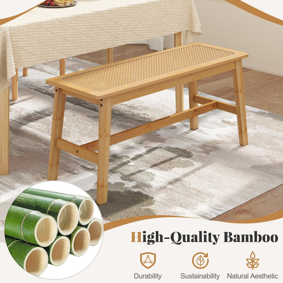 100cm Bamboo Dining Bench with Handwoven Rattan Seat, Wooden Entryway Bench, Farmhouse Kitchen Table Bench