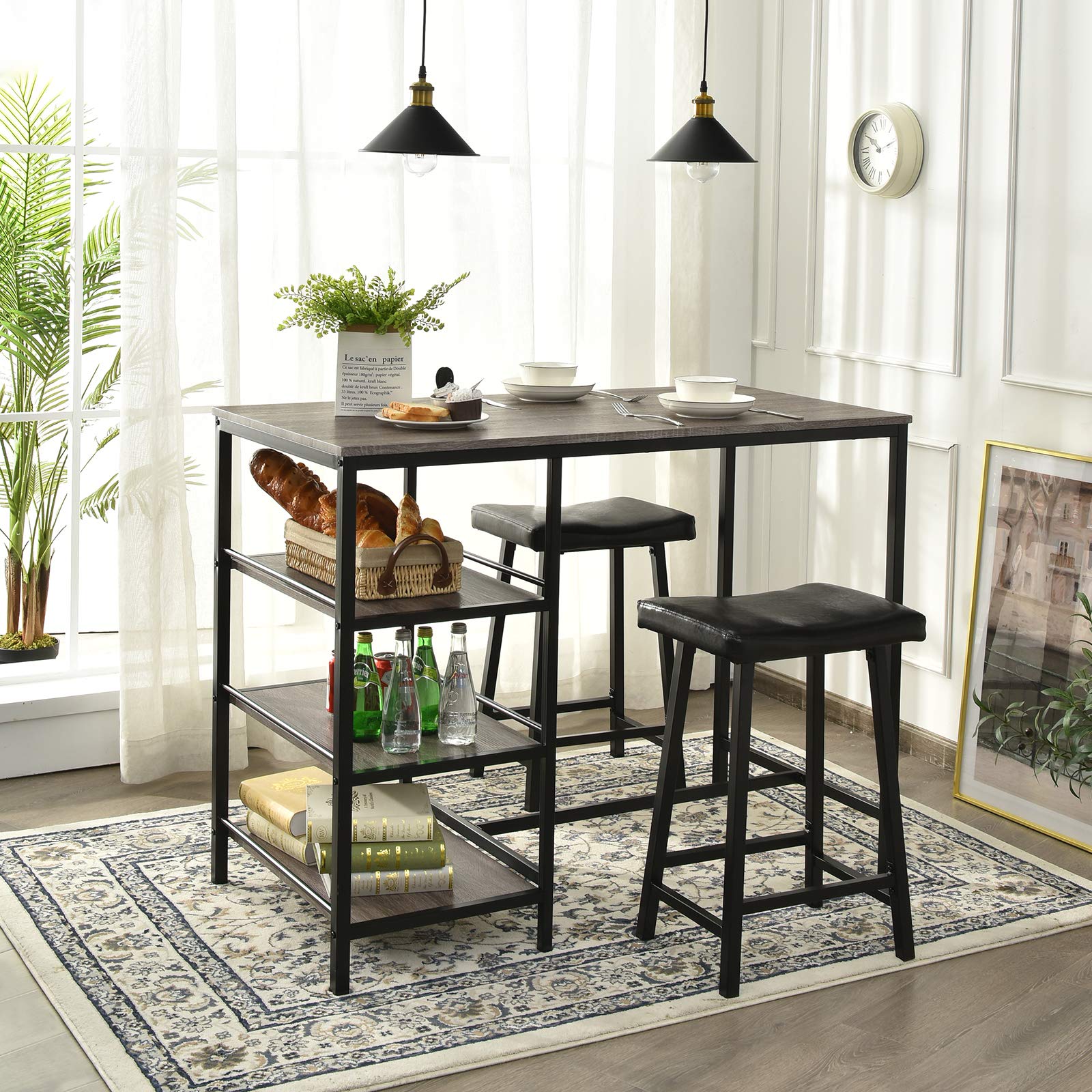 Giantex 3-Piece Dining Table Set, Counter Height Table Set w/2 Bar Stools, Modern Industrial Bar Table Set