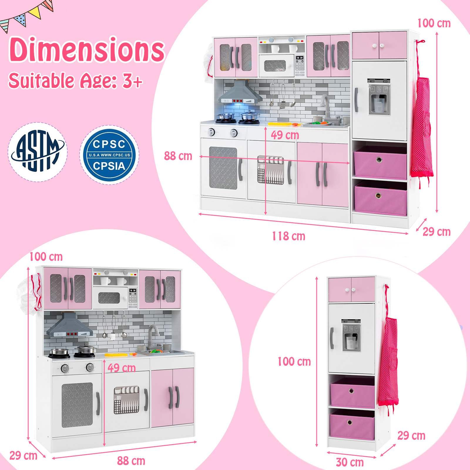 Kids Kitchen Playset with Lights and Sounds, 2-Piece Modular Wooden Play Kitchen w/Water Circulation