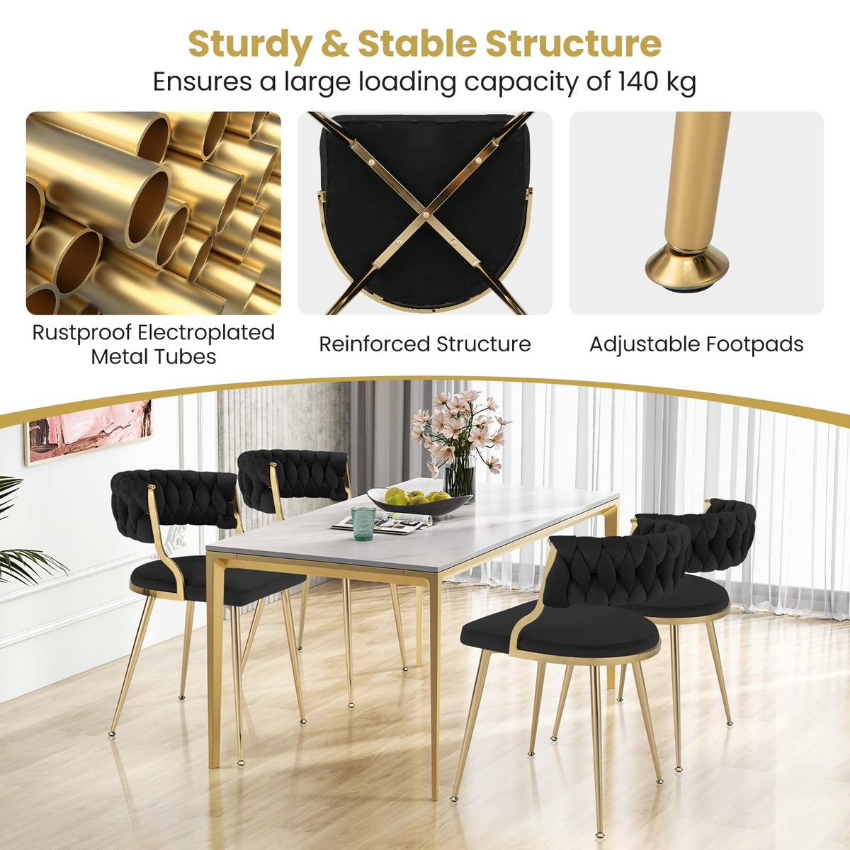 Velvet Dining Chairs Set of 2, Accent Upholstered Leisure Chairs w/ Gold Metal Legs, Sponge Filling Seats