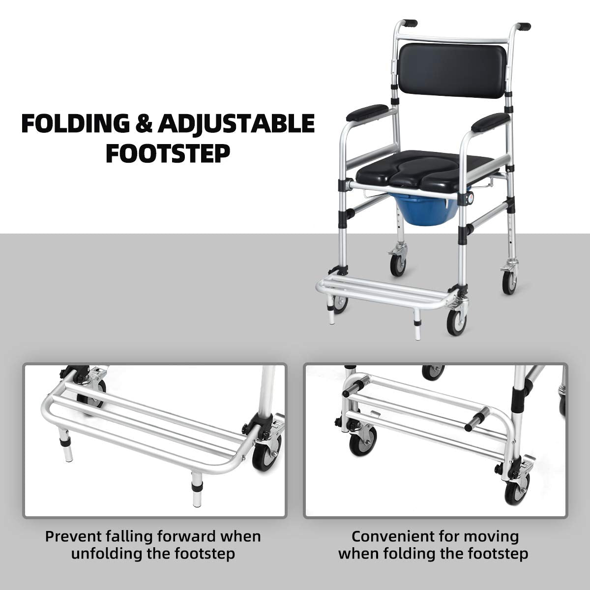 Toilet Commode Wheelchair, Multifunctional Rolling Commode Chair w/ 5-Level Adjustable Height & Removable Toilet