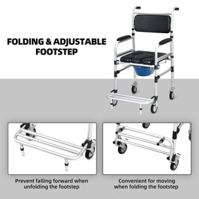 Toilet Commode Wheelchair, Multifunctional Rolling Commode Chair w/ 5-Level Adjustable Height & Removable Toilet