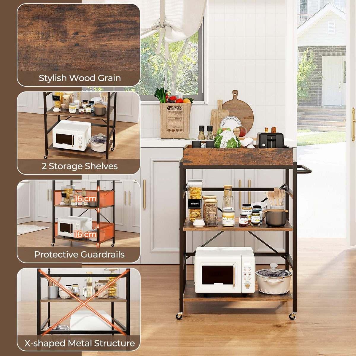 3-Tier Bar Cart, Industrial Serving Cart with Detachable Tray, 4 Lockable Casters & 1 Handy Handle