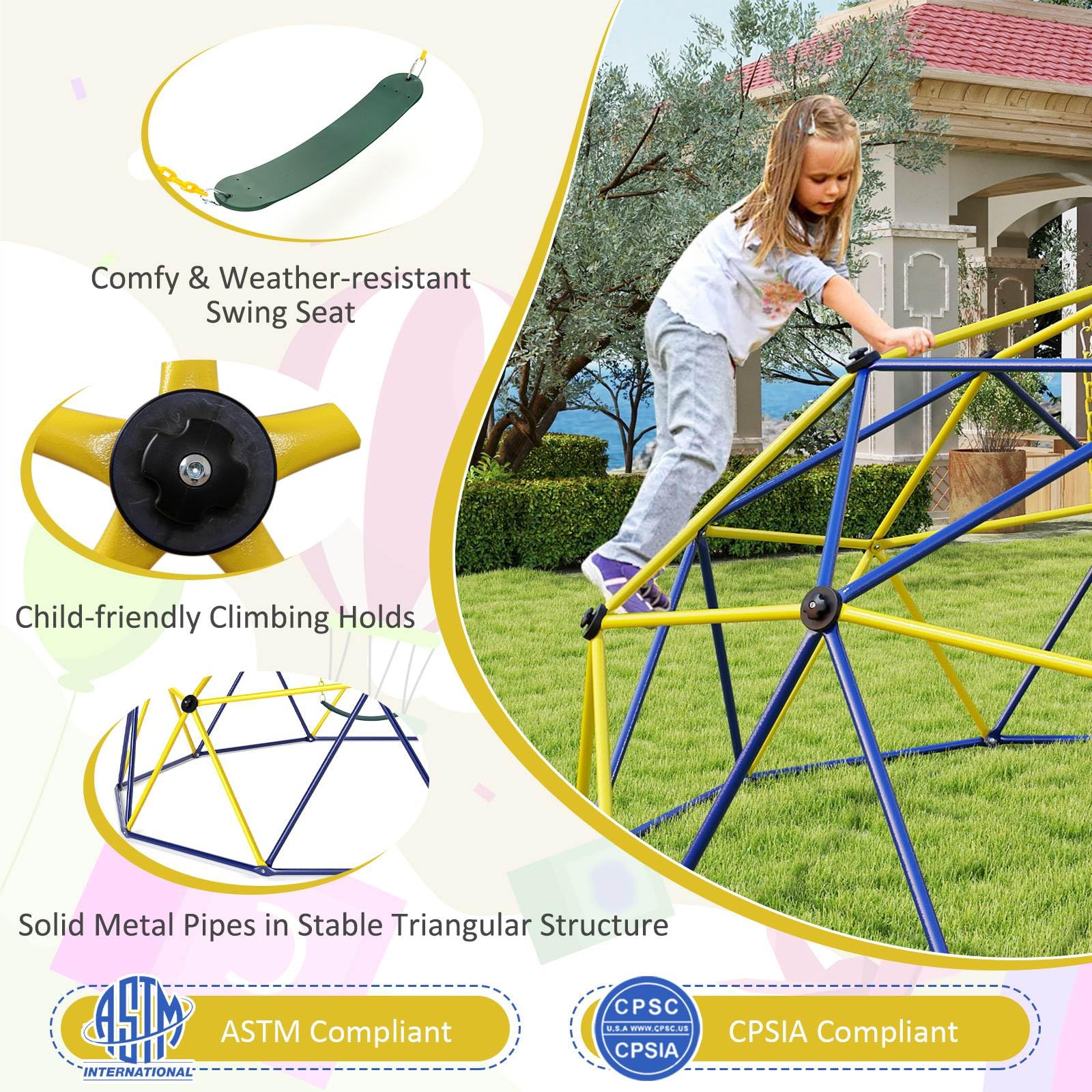Climbing Dome with Swing, 10FT Kids Jungle Gym Monkey Bar Climbing Toys for Outdoor, Holds up to 363 KG