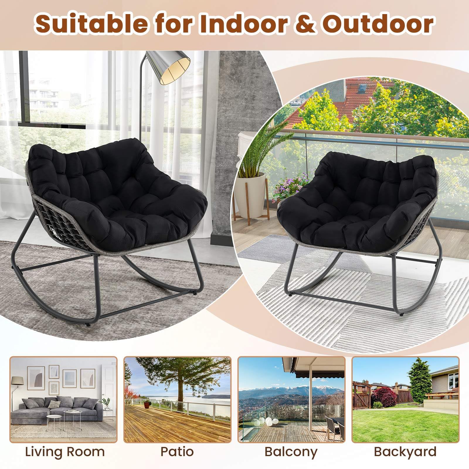 Outdoor Rocking Chair, Oversized Patio PE Wicker Egg Chair