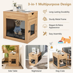 Furniture Style Dog Crate with Wired & Wireless Charging, Decorative Dog Kennel End Table w/Drawer, Removable Dog Bed