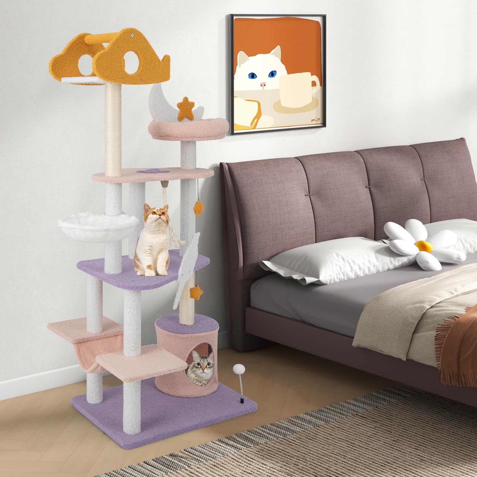 Cute Cat Tree for Indoor Cats, 167cm Multi-Level Tall Cat Tower, Purple