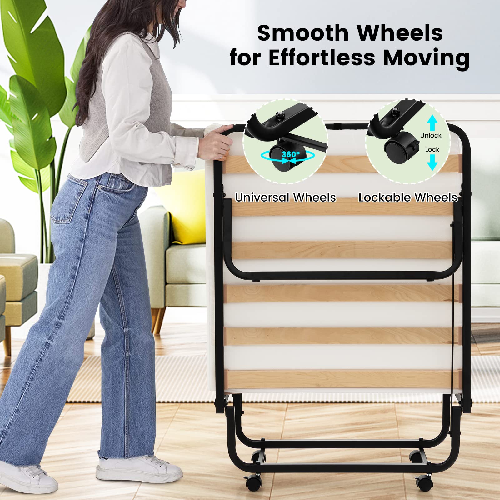 Folding Bed with Mattress, Roll Away Guest Bed for Adult