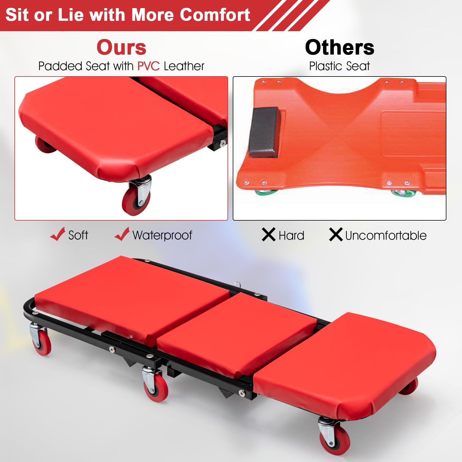 2-in-1 Rolling Creeper Seat, Folding Creeper w/PVC Padded Seat