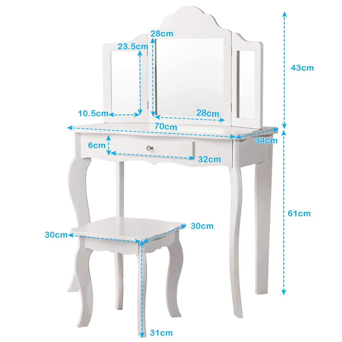 2 in 1 Kids Vanity Table & Chair Set, Princess Makeup Dressing Table with Drawer & Tri-Folding Mirror