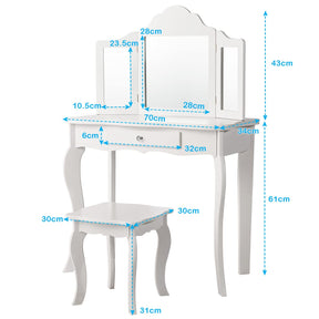 2 in 1 Kids Vanity Table & Chair Set, Princess Makeup Dressing Table with Drawer & Tri-Folding Mirror