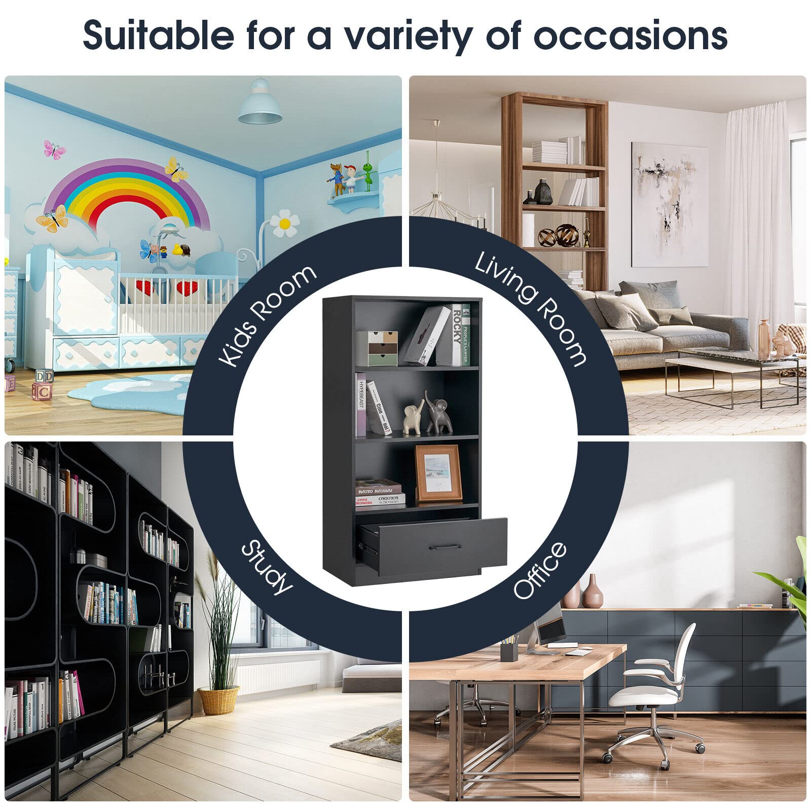 Giantex 4-Tier Storage Shelf, Wood Bookcase w/ Storage Drawer and Anti-toppling Device, Floor Standing Bookshelf