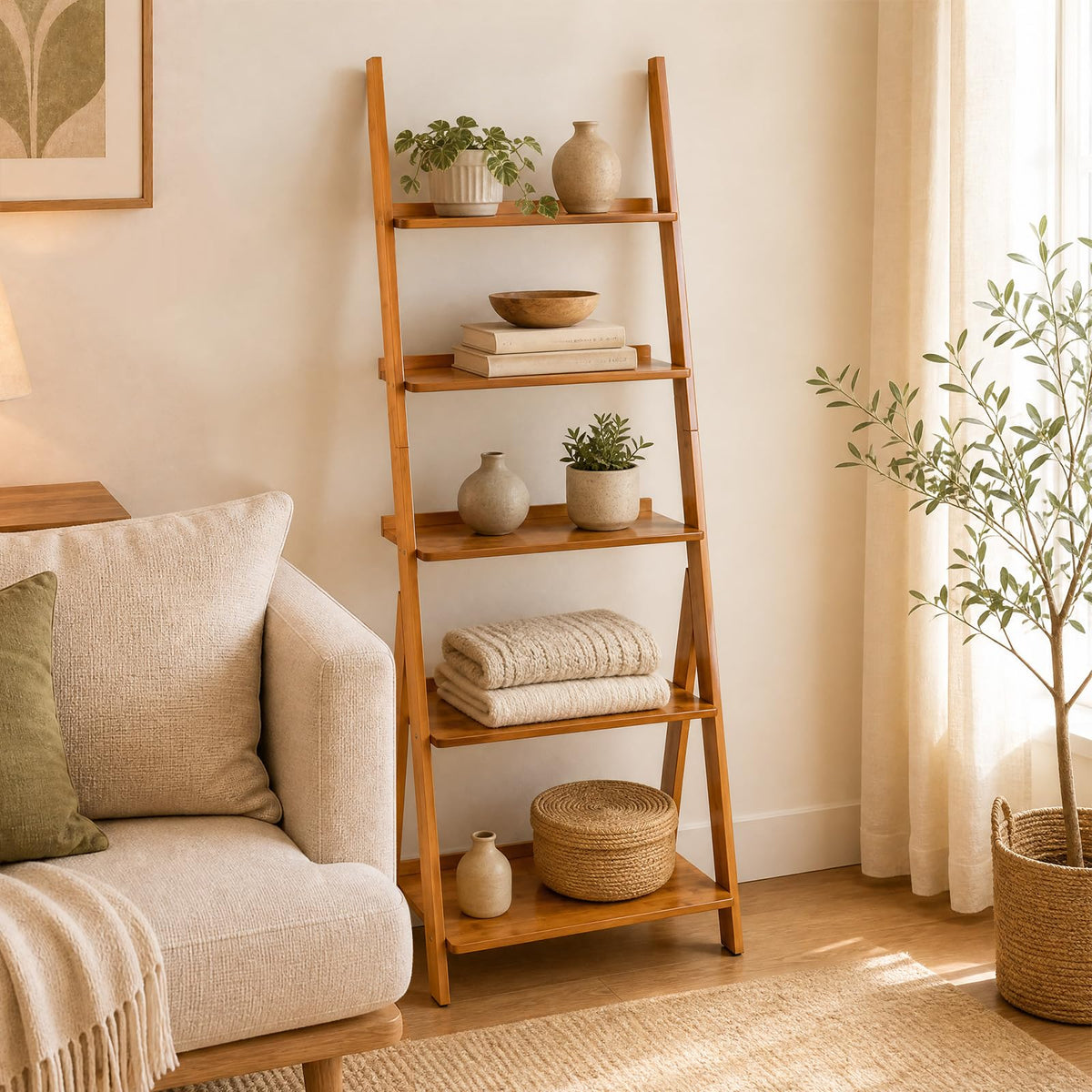 5-Tier Bamboo Ladder Shelf Bookcase, Natural