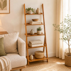 5-Tier Bamboo Ladder Shelf Bookcase, Natural