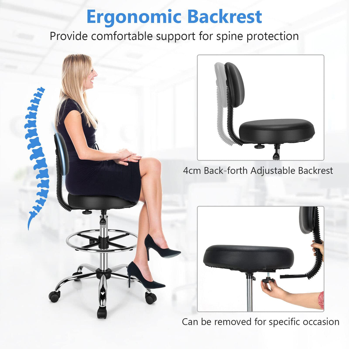Ergonomic Drafting Chair 150 kg w/Backrest, Faux Leather Upholstered Rolling Stool w/Retractable Mid Back & Adjustable Foot Ring