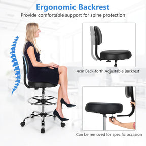 Ergonomic Drafting Chair 150 kg w/Backrest, Faux Leather Upholstered Rolling Stool w/Retractable Mid Back & Adjustable Foot Ring
