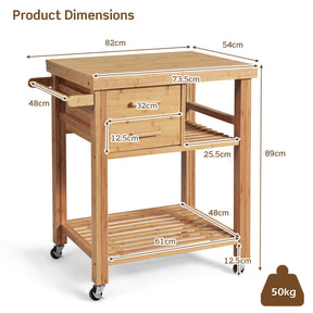 Bamboo Kitchen Island Cart Trolley, 3-Tier Rolling Kitchen Cart w/ 2 Drawers