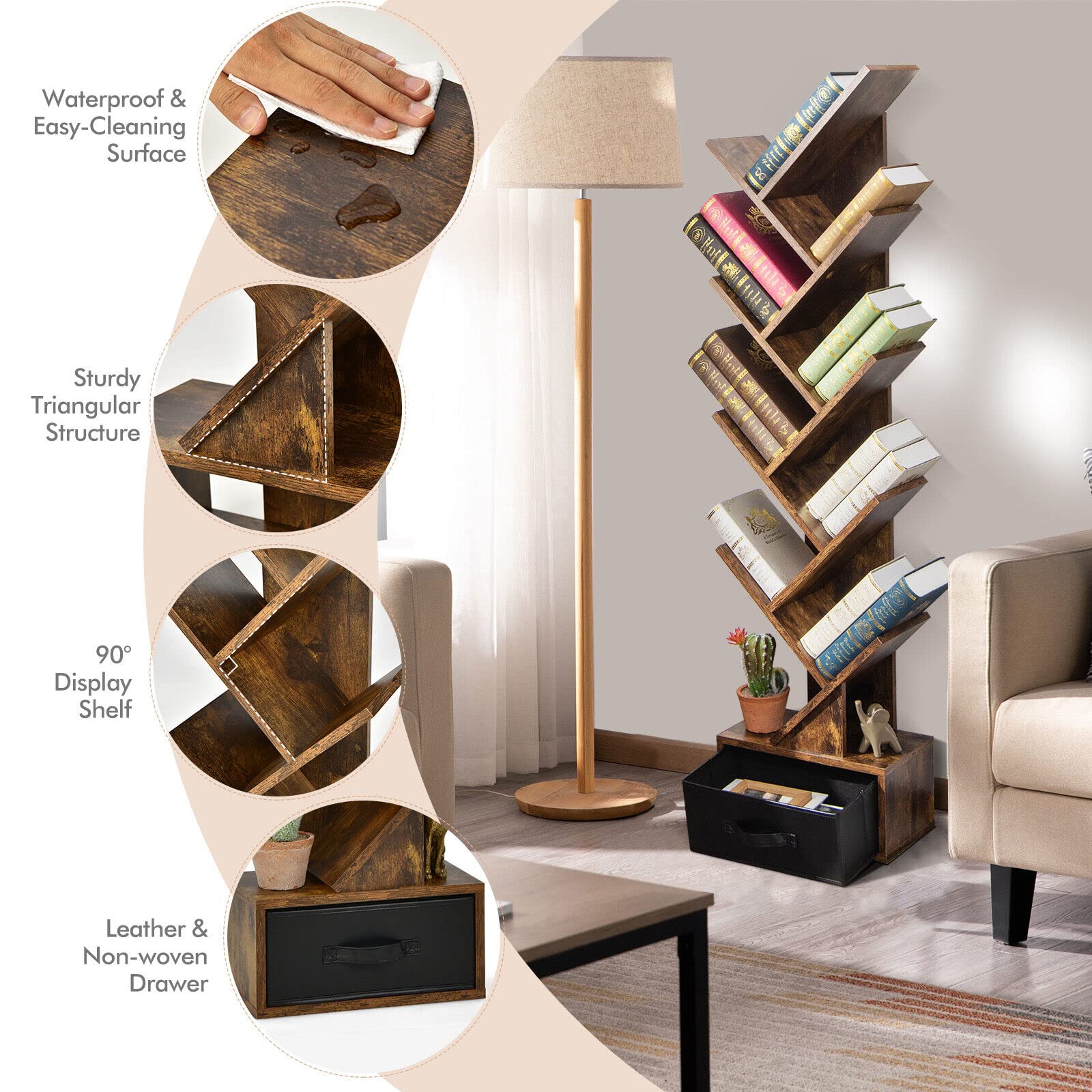 Giantex 10-Tier Tree Bookcase, Floor Standing Bookshelf w/Drawer for CDs/Movies/Books