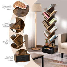 Giantex 10-Tier Tree Bookcase, Floor Standing Bookshelf w/Drawer for CDs/Movies/Books
