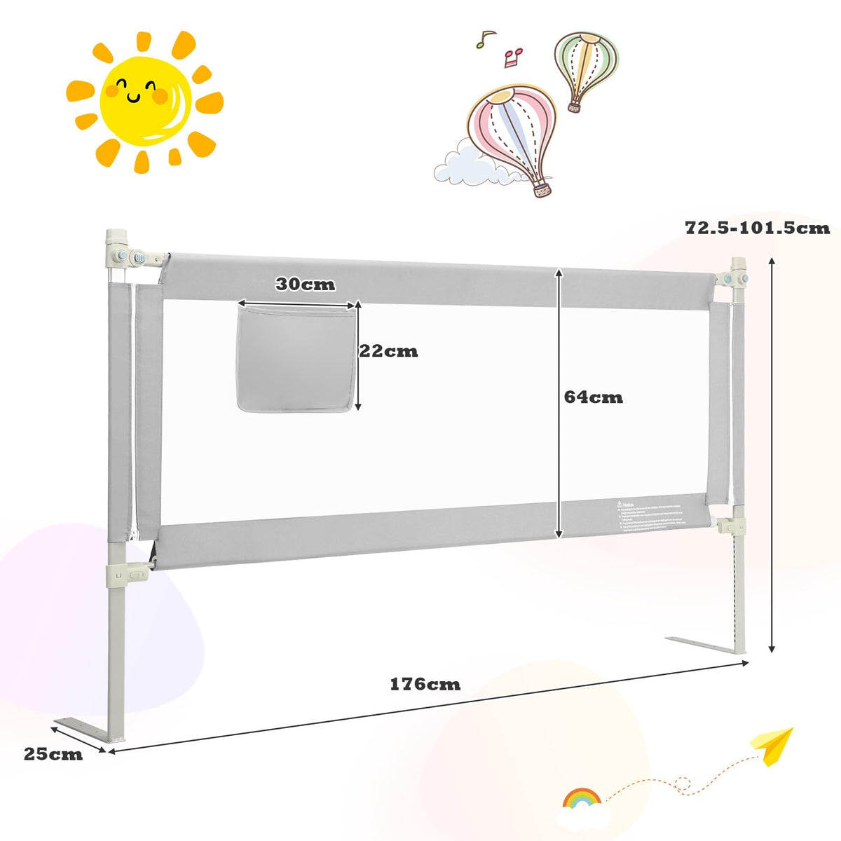 176CM Toddler Bedrail, Extra Tall Safety Bed Guardrail W/Anti-Collision Cotton & Side Pocket