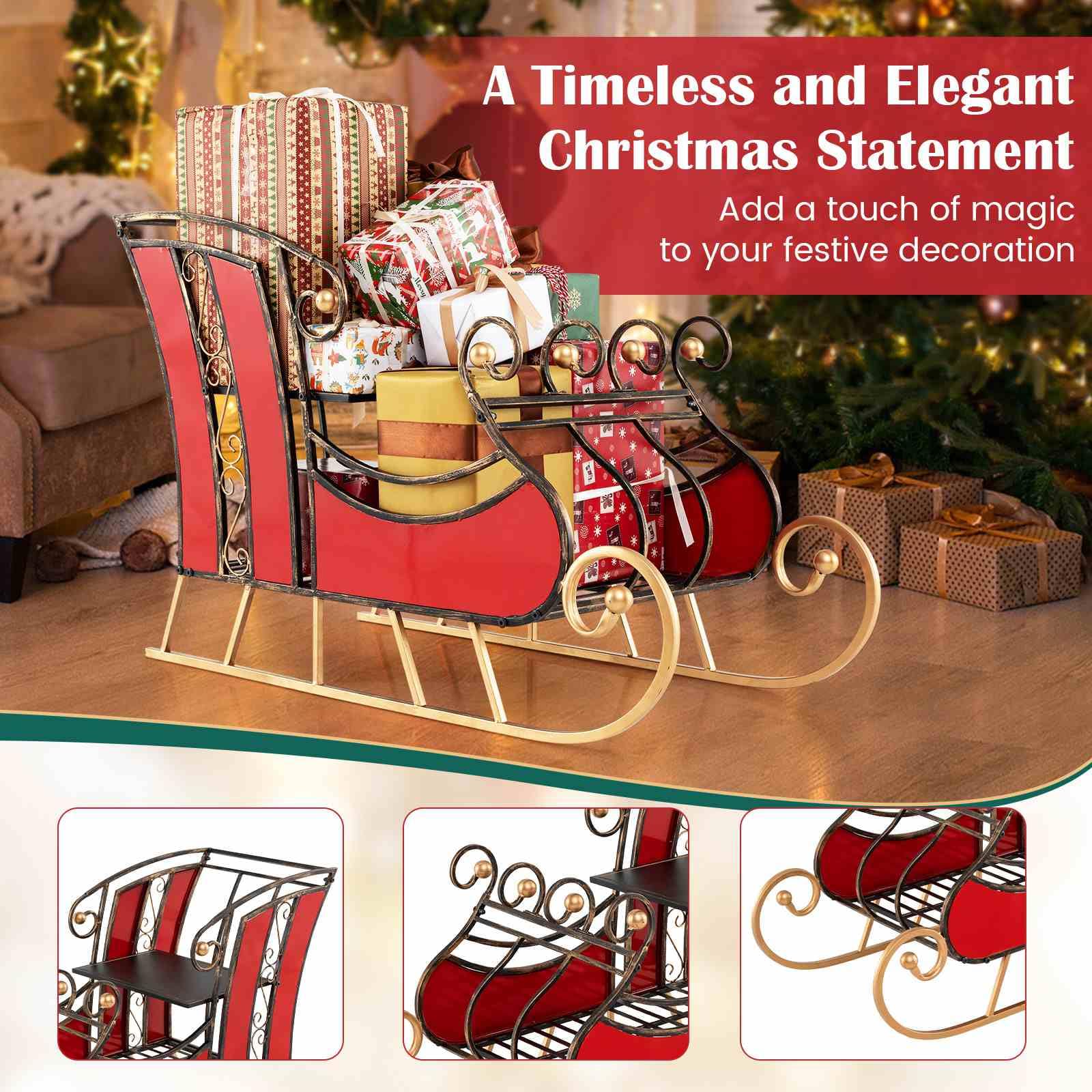 95CM Christmas Metal Sleigh Decoration, Decorative Santa’s Sleigh with 2-Tier Storage Shelf