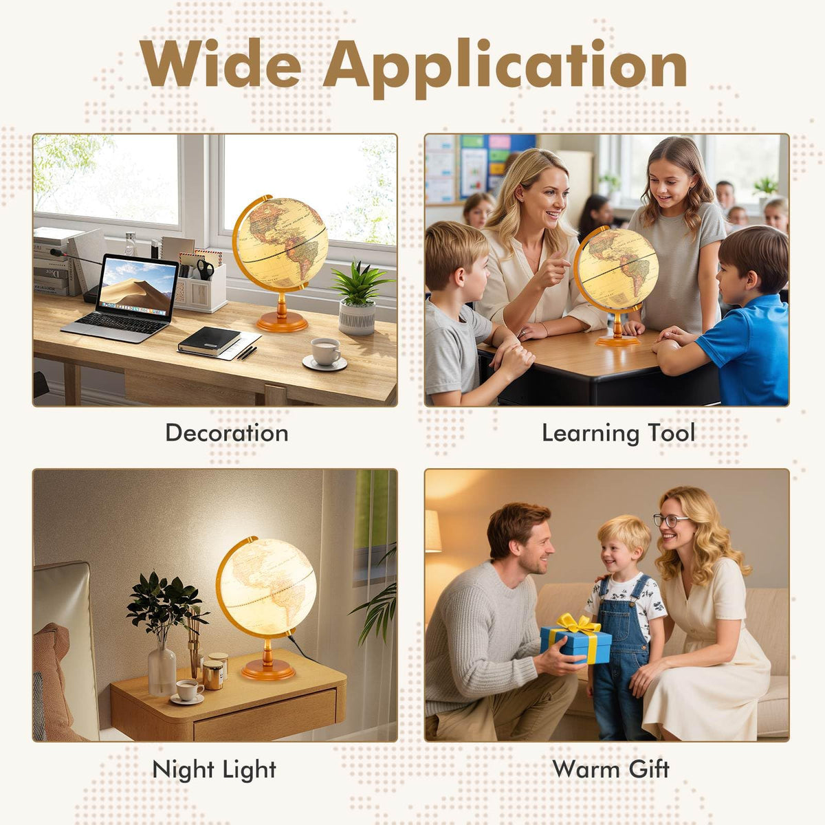 30 cm Illuminated World Globe, Antique Light up Globe Night Lamp with Wooden Stand and Clear Map for Kids and Adults