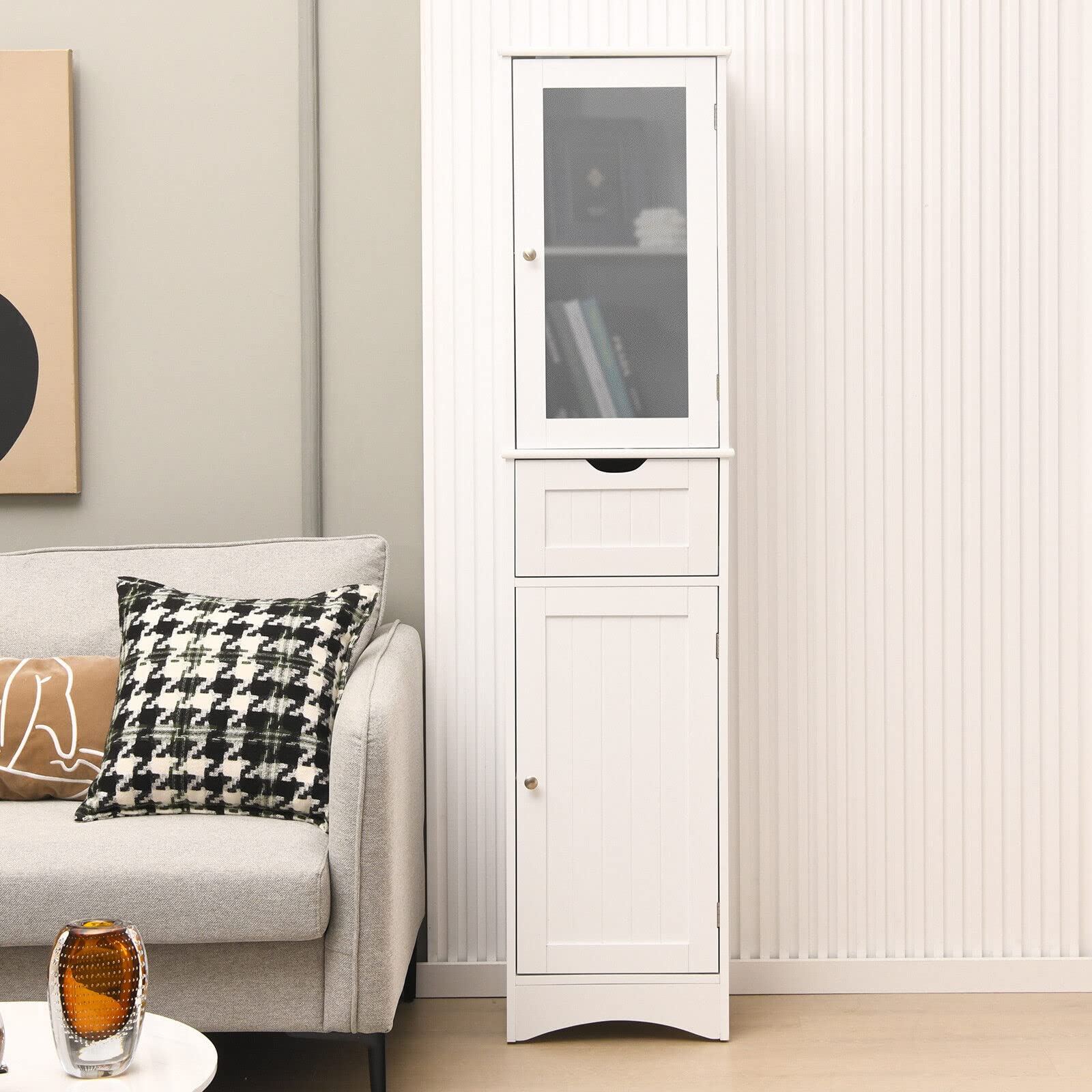 Giantex Freestanding Storage Cabinet, 170 cm Tall Slim Bathroom Cabinet with 2 Adjustable Shelves, 2 Doors and 1 Drawer