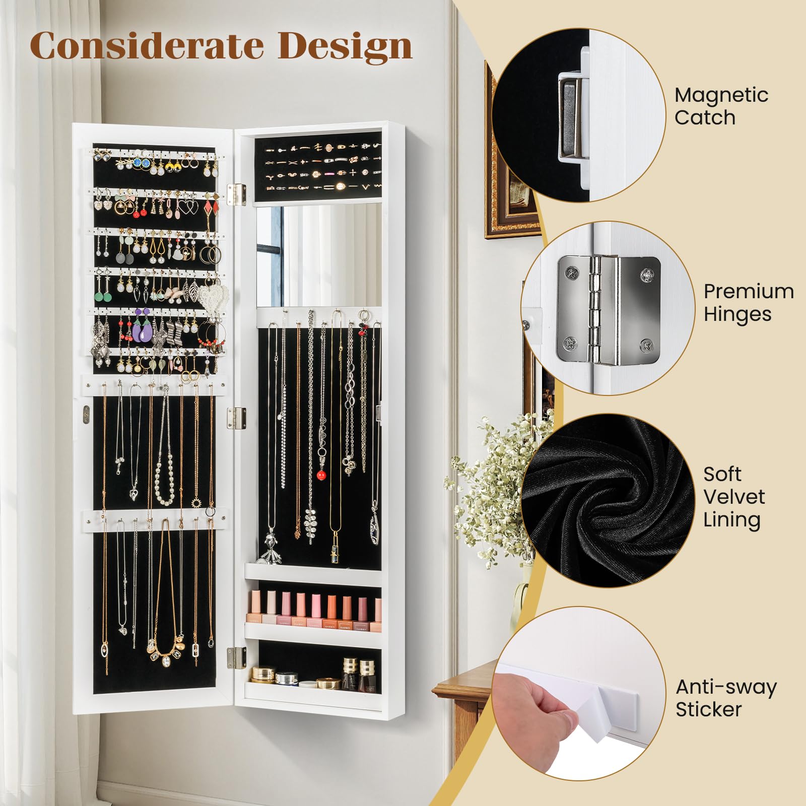 Wall/Door Mounted Jewelry Armoire with Storage Shelves and 2 Hanging Hook