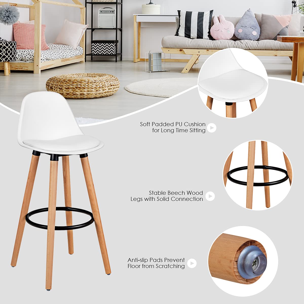 2Pcs Bar Stools, Pub High Barstool Dinning Chair w/ Round Metal Footrest, Beech Wood Legs