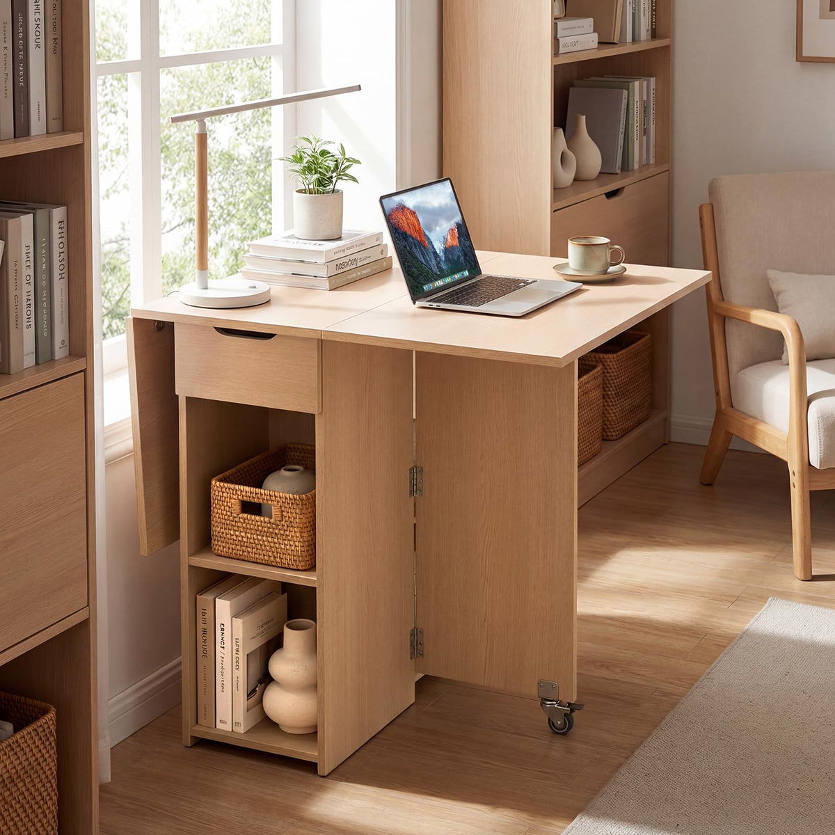 Folding Dining Table for 2-4, Space Saving Kitchen Table Drop Leaf with 2 Open Shelves & Drawer