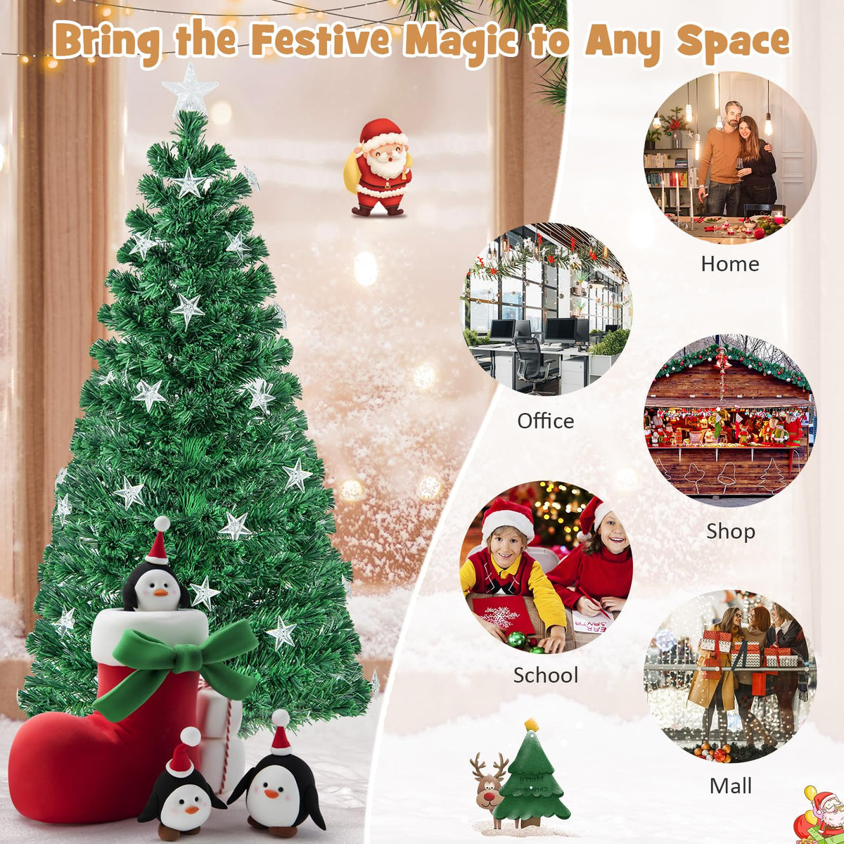 1.5M Pre-Lit Christmas Tree, Artificial Xmas Tree with 180 Branch Tips, 21 Warm White Star Lights, Fiber Optics