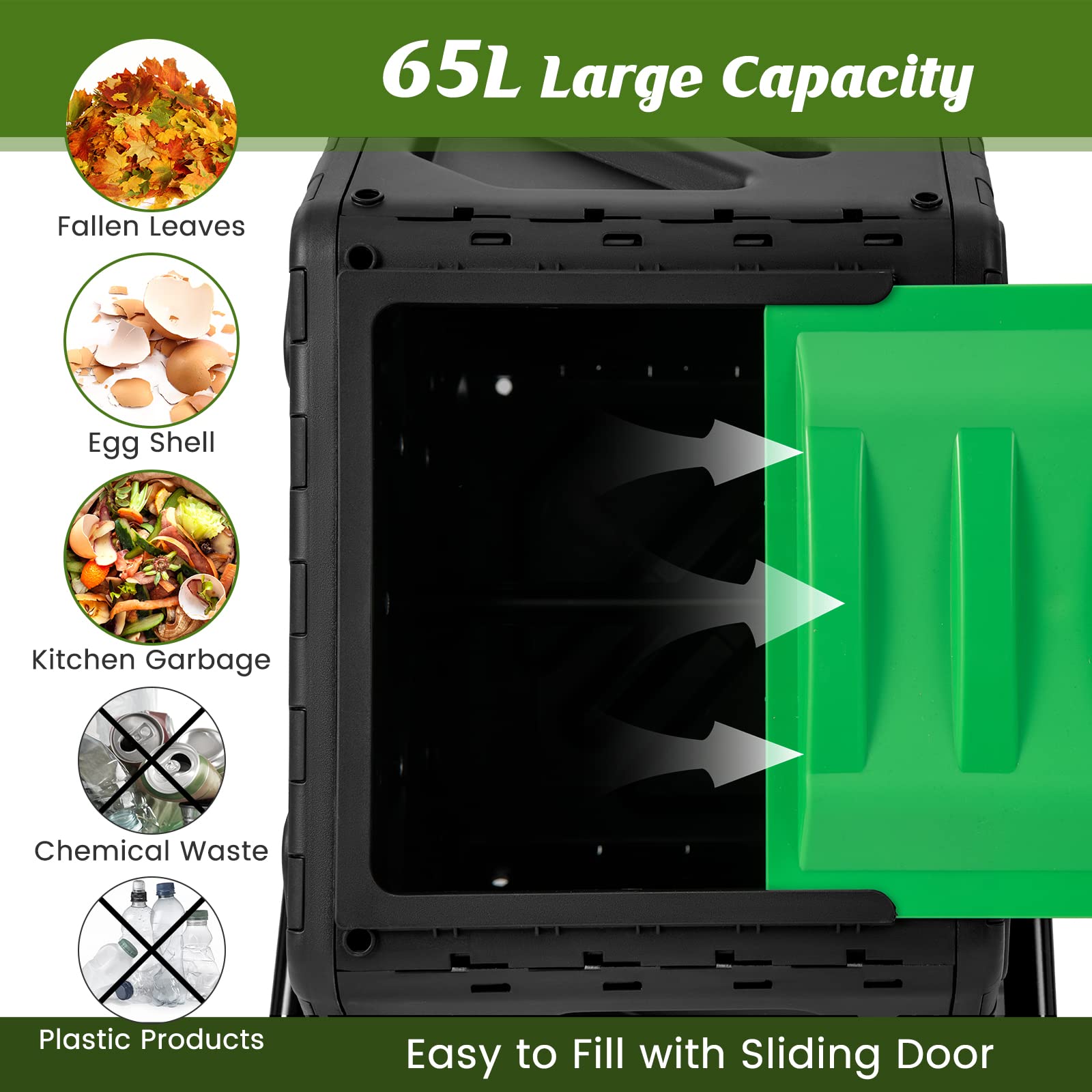 Single Chamber Compost Tumbler, 65 L Compact Tumbling Composter w/Sliding Door