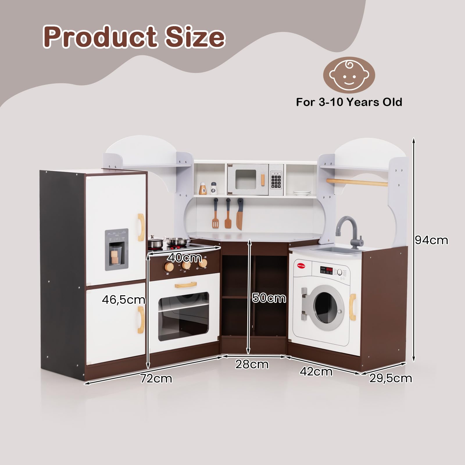 Corner Play Kitchen, Toddler Kitchen Playset with Ice Maker, Microwave, Oven, Sink, Washing Machine, Towel Rack & Sweet Accessories