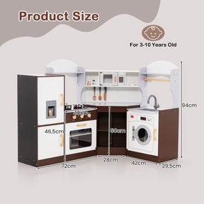 Corner Play Kitchen, Toddler Kitchen Playset with Ice Maker, Microwave, Oven, Sink, Washing Machine, Towel Rack & Sweet Accessories